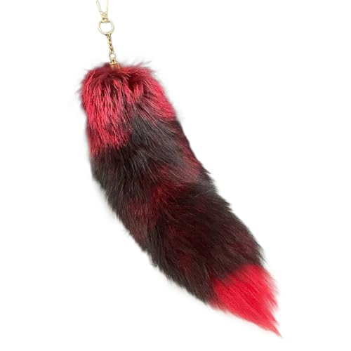 Image of 15.75 Inch Long Fluffy Faux Fur Tail Keychain, Fake Animal Tails for Handbags Backpacks Charm Tassel Ornaments (Red-Black)