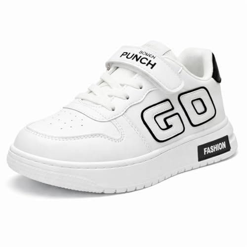 Image of HOOH Kids Unisex White Sneakers with Hook and Loop Closure, Embellished Pattern, Fashion Comfort Shoes