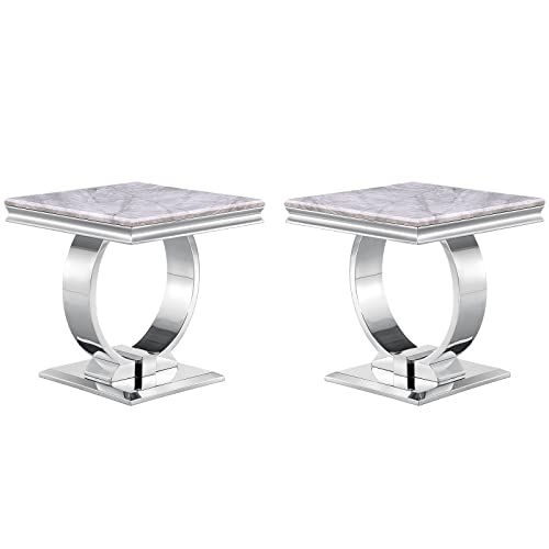 Acedécor Silver End Table Set Of 2, Modern Square Living Room Table With Stylish Silver Mirror Metal U-Base #TOP8