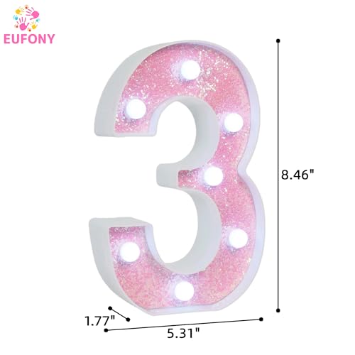 Image of Pink Glitter Marquee Light Up Numbers, LED Number Lights Battery Operated for Girls 3rd 13th Pink Birthday Party Table Decorations, Wall Decor for Girls Bedroom, Number 3 Sign Cool White Lights
