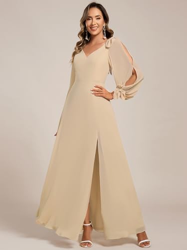 Image of Ever-Pretty Women's Fall Winter Formal Wedding Guest Dress Long Sleeve V Neck Chiffon Floor Length Bridesmaid Dresses 80116