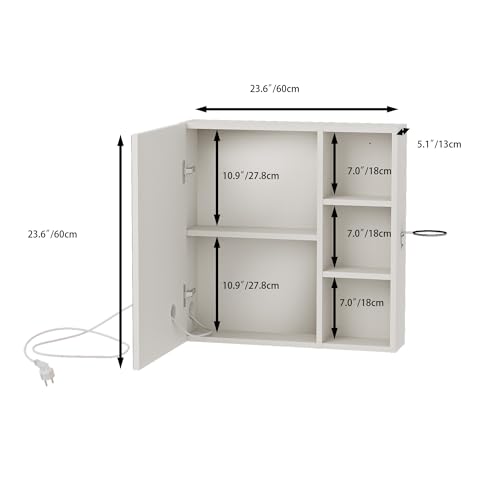Ztexkee Armario Baño con Espejo LED iluminación y Función Armario Baño Espejo de Pared con 3 Estanteria Ajustables y Soporte para Secador de Pelo 60x60x15 cm Blanco - imagen 2
