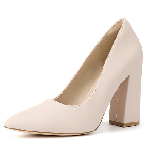 Image of IDIFU IN4 Women's Pumps - Closed Toe Heels with Chunky Block Heels - Thick Pointed Toe Dress Shoes for Women - Wedding, Prom, Bridal, Office, Business - Comfortable, Formal, Fashion, Classic Pumps