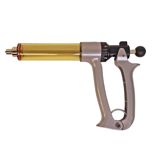 50ml semi-automatic livestock injector 5-level adjustable continuous repeating Luer lock livestock injector ergonomic design suitable for cattle horses goats sheep and pigs on farms and ranches.