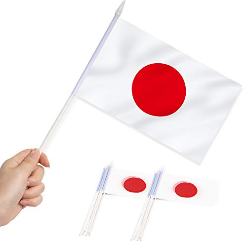 Anley Japan Mini Flag 12 Pack, Hand Held Small Miniature Janpanese Flags on Stick, Fade Resistant & Vivid Colors