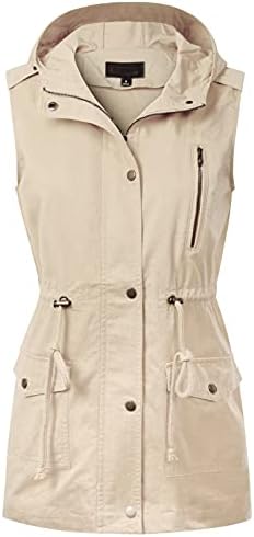 MixMatchy Women's Hooded Adjustable Drawstring Utility Pocket Anorak Jacket Vest Sand Beige XL