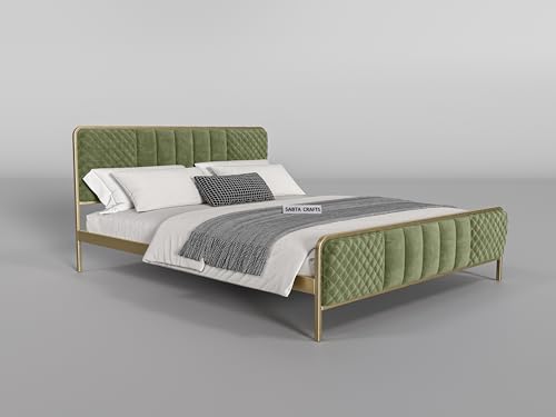 Image of Modern Upholstered Double Size Bed for Bedroom | Metal Double Bed | Platform Cot Bed with Upholstery Premium Fabric | 6.5 x 4 Ft | Powder Coated Metal Bed | Green