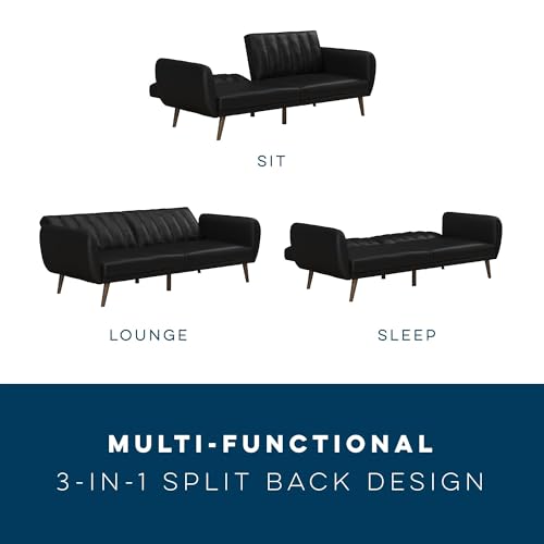 Novogratz Brittany 82 Inch Futon Sofa Bed in Faux Leather, Upholstered Couch Sleeper with Tufted Back, Mid-Century Modern Design, Black