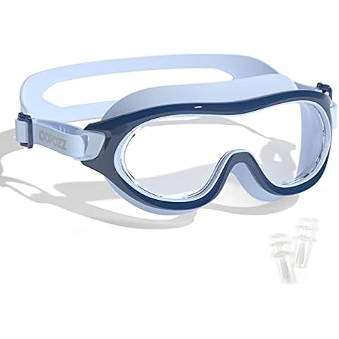 COPOZZ Children's Swimming Goggles (3-15 Years), Swimming Goggles for Children, Junior, Boys, Girls, Anti-Fog, UV Protection, No Leak, Adjustable Silicone Strap, with Ear Plugs Cover