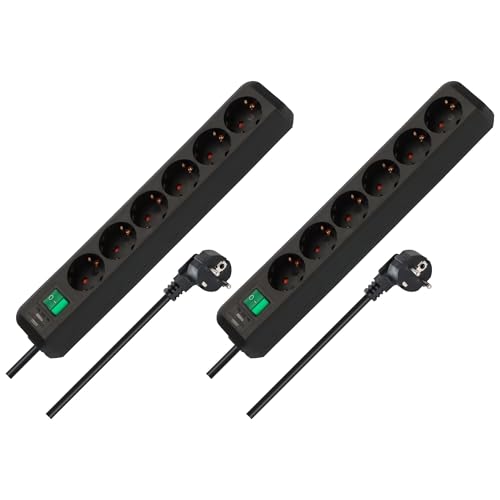 Brennenstuhl 2er Set Eco-Line, Steckdosenleiste 6-Fach (Mehrfachsteckdosen mit erhöhtem Berührungsschutz, Schalter und 1,5m Kabel) schwarz