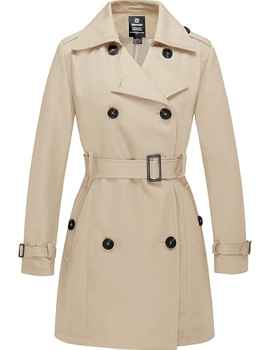 Wantdo Femme Trench-Coat à Double Boutonnage Veste Coupe-Vent à Fermeture Boutonnée Manteaux Ceinturés Mi-Longue Poignets Réglables Épaulettes Kaki 16