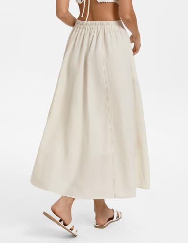 Kate Kasin Women's White Linen Blend Skirts, High Waist A Line Skirt, Flowy Summer Long Skirt with Pockets — view 2