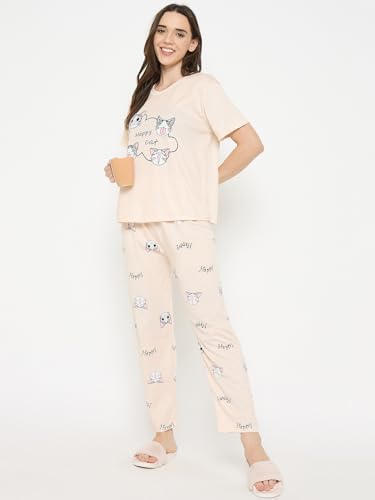 Image of CAMEY Women's Printed Pyjama Set, Short Sleeve T-Shirt and Trousers, Women Nightsuit, Loungewear Sets