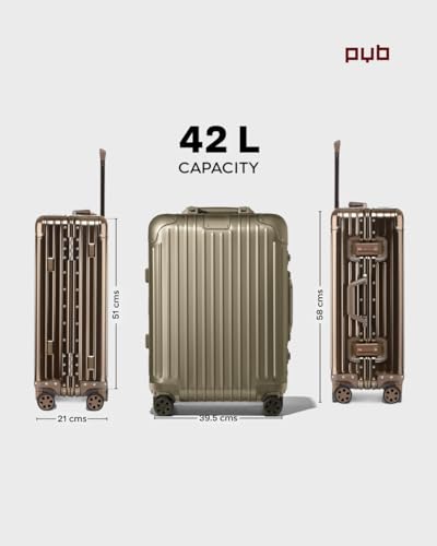Image of PYB Autograph - Premium Full Aluminium Trolley Bags for Travel, Zipless Cabin Suitcase with TSA Lock, Noiseless 360 Rotating 8 Wheels, Compression Pads and Divider (Gold)