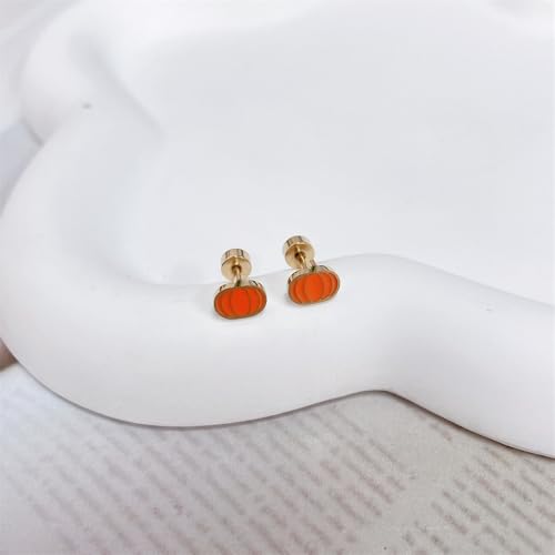 20G Pumpkin Enamel Halloween Flat Screw Back Small Stud Earrings for Women Men Minimalist Surgical Steel Gold Plated Tiny Mini Cartilage Tragus Piercing Sleeper Studs Hypoallergenic Party Birthday Gift Her Daughter4