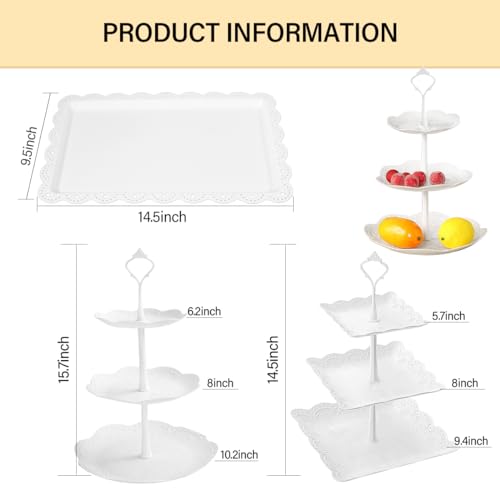 10 Pcs Cake Stand White Plastic Dessert Table Display Set 4 Pcs 3 Tired Cupcake Stand Cookie Tray Rack Serving Tray Cake Display Tower and 6 Pcs Dessert Trays for Wedding Baby Shower Tea Party - Image 4