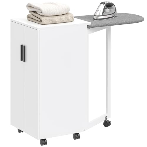 HOMCOM Table à repasser pliable avec 2 portes et étagères réglables, table à repasser pliable avec rangement et charnières à fermeture douce, pour...