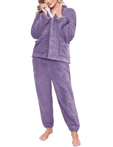 RITOSTA Pijama Mujer Invierno Polar Conjunto de Pijama de Navidad Calentito Ropa de Dormir 2 Piezas Pjs Sets Sleepwear Top de Cuello Solapa con Botones Bolsillos y Pantalones (Morado,XL)