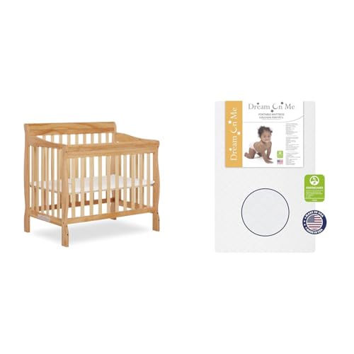 Image of Dream On Me Aden 4-in-1 Convertible Mini Crib in Natural, Greenguard Gold Certified & Sunset 3” Extra Firm Fiber Crib Mattress, Greenguard Gold Certified, Waterproof Vinyl Cover