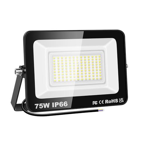 PICAA 75W LED Flood Lights Outdoor, Super Bright Security Lights, IP66 Waterproof Floodlight, Cold White (6500K) Wall Light, Perfect for Garden, Yard, Garage, Patio,Warehouse, Parking Lot