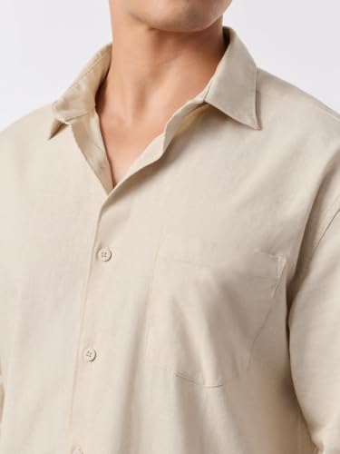 Image of The Souled Store Cotton Linen: Men and Boys Long Sleeve Spread Collar Solid Cotton Relaxed Fit Easy to Style Everyday Office Wear Cotton Linen Shirts