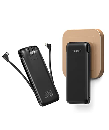 TG90° 10000mah Portable Charger with Built in Cables and AC Wall Plug, All in One Portable Phone Charger External Battery Packs Compatible with iPhone and Android Phones