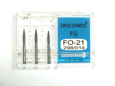 ADDLER DENTAL DIAMOND BUR FO-21 FG AIR ROTOR SWISS DIA PREMIUM BURS. EXCELLENT DIAMOND GRAINS FOR HIGH SPEED ROTOR. PACK OF 3 BURS