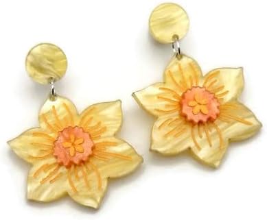 Yellow Daffodil Dangle Earrings, 50s 60s Retro Spring Flower Earrings, Floral Statement Earrings