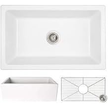 Zuhne Ostia 33 White Fireclay Farmhouse Kitchen Sink, Reversible Apron Fluted or Smooth, Single Bowl 33 x 18 1/8 x 10 in, Non Porous Surface, Quick Drain Dry, 3.5 in Drain, Strainer and Grid Included