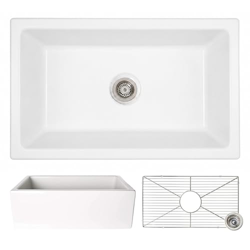 Zuhnë Ostia 33 White Fireclay Farmhouse Kitchen Sink, Reversible Apron Fluted or Smooth, Single Bowl 33 x 18 1/8 x 10 in, Non Porous Surface, Quick Drain Dry, 3.5 in Drain, Strainer and Grid Included Zuhnë Ostia 33 White Fireclay Farmhouse Kitchen Sink, Reversible Apron Fluted or Smooth, Single Bowl 33 x 18 1/8 x 10 in, Non Porous Surface, Quick Drain Dry, 3.5 in Drain, Strainer and Grid Included