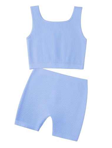 Image of EXARUS Girls 2 Piece Outfits Seamless Ribbed Cropped Tank Top Shorts Set | Teen Two Piece Outfit Tween Summer Dance Vacation Yoga Crew Neck Youth Athletic Workout Set Kids High Waist Elasticity 6-14Y