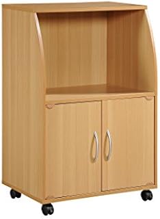 Hodedah Mini Microwave Cart with Two Doors and Shelf for Storage, Beech