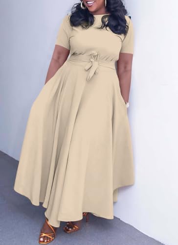 Image of Hostoyo Women Plus Size Formal A Line Maxi Dress Self Tie Waist with Pockets Elegant Round Neck Swing Long Dresses