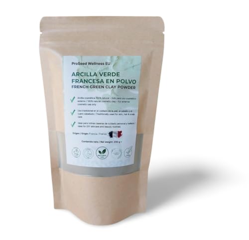 French Green Clay Powder for Face Mask, Hair & Body – Detox & Purify – 100% Natural, 250gr - Excellent for face and hair mask, spot treatment, body wrap, detox bath, foot soak and DIY.