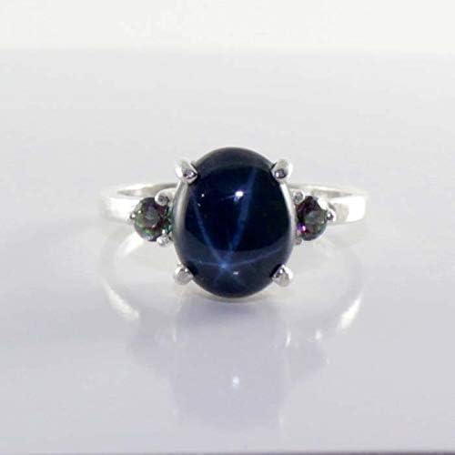 Genuine 6-Ray Blue Star Sapphire Sterling Silver 925 Ring/Mystic Topaz/Oval-Shaped