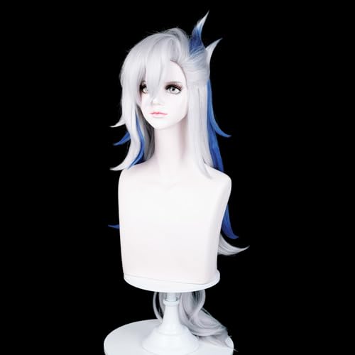 Image of Max Beauty White & Blue Cosplay Wig with Bangs, Women Long Straight Hair Daily Wig for Cosplay Synthetic Hair for Halloween Costume Party Hair Wig + Wig Cap
