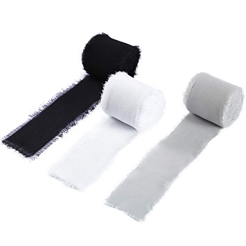 Doris Home Handmade Fringe Fabric Chiffon Silk-Like Ribbon 2 x 7Yd Set of 3 Rolls Ribbons for Wedding Invitations, Bouquets, Gift Wrapping (Black White Light Grey)