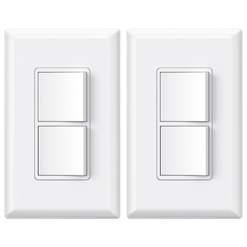 ELEGRP Decorator Double Rocker Light Switch, Two Single Pole Electrical Paddle Switch, 15A 120V, in-Wall On/Off, with Screwless Wall Plate, Self-grounding, UL Listed (2 Pack, Glossy White)