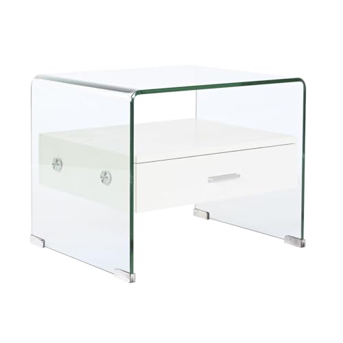 DKD Home Decor Mesita de Noche Blanco Transparente Cristal Madera MDF 50 x 40 x 45,5 cm