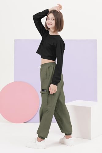 Image of SANGTREE Girls Fall Winter Clothing Sets, Girls Long Sleeve Crop Top and Cargo Jogger Pants Outfit Set,4T-14 Years