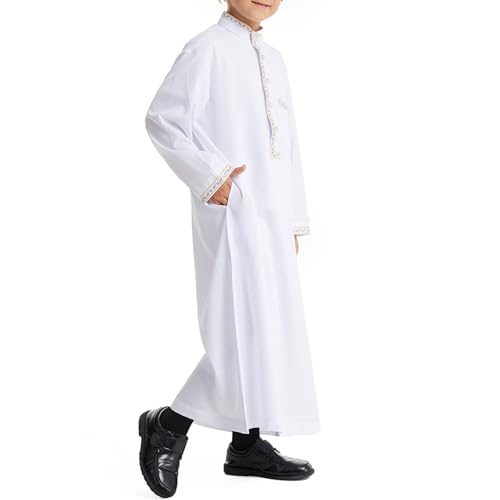 Kids Boy's Muslim Thobe Long Sleeve Embroidered Arabic Kaftan Prayer Clothes Islamic Button Dubai Robe with Pocket3