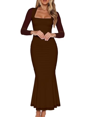 BORIFLORS Womens Ruched Bodycon Long Sleeve Maxi Dress Mesh Square Neck Cocktail Party Long Dresses, Medium, Coffee