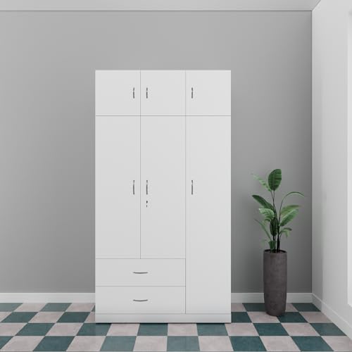 Image of VIKI Wardrobe | Wooden Almirah for Clothes,Door for Bedroom, 3 Door Loft Wardrobe with Drawer & Hanging Space (Frosty White - 40D x 120W x 220H) | 1 Year Warranty | Free Assembly