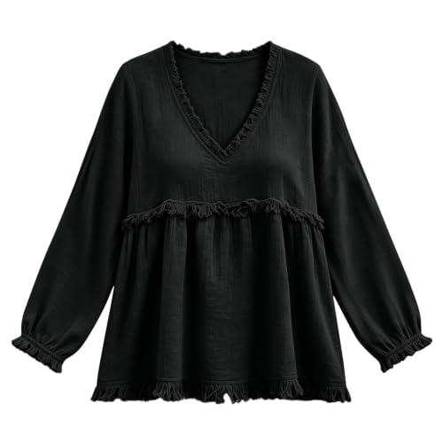 Boho Tops for Women V Neck Fringe Trim Long Sleeve Blouse Relaxed Fit Casual Fall Western Peasant Shirt Tunic Top Boho Blouses for Women Black S - image 5