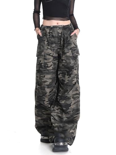 Y2K Drawstring Camo Cargo Pants for Women- High Waisted Baggy Pants with Pockets, Casual Streetwear for Hip Hop Women3