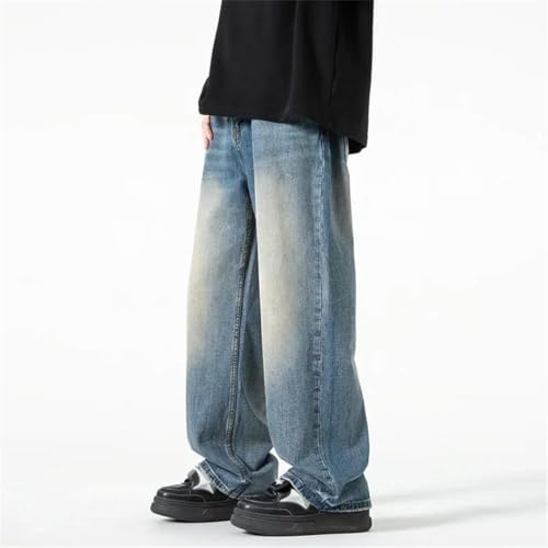 Men Washed Jeans Street Trousers Solid Color Wide Leg Pant Button Streetwear Denim Pants Black 4XL2