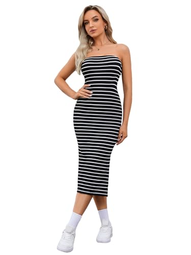 Floerns Women's Striped Strapless Textured Rib Tube Top Dress Split Thigh Bodycon Midi Dresses Black S