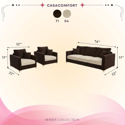 Image of Hayes Dual Tone Rich Velvet Suede 3+1+1 Seater Sofa Set | Golden Aesthetic Legs | Soft Touch Comfort Seating | 5 Person Seating | Modern Living Room Set (Dark Brown & Cream)