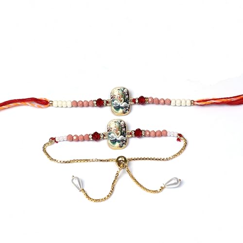 Image of Oblivion Rakhi Set for Brother and Bhabhi - Peacock with Feather Gift for Bhai & Lumba for Bhabhi with Silver Colour Coin and Greeting Card - Raksha Bandhan Combo
