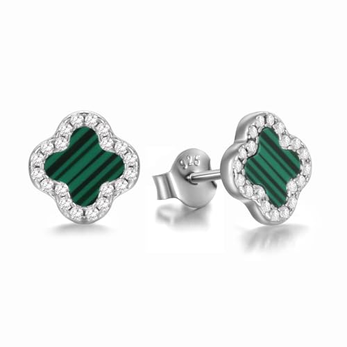 Evensee Pendientes Trébol Verde Malachita Plata 925 para Mujer,Piedra Verde Hipoaergénica con Circonita,Joyas Regalo Elegante para Ella